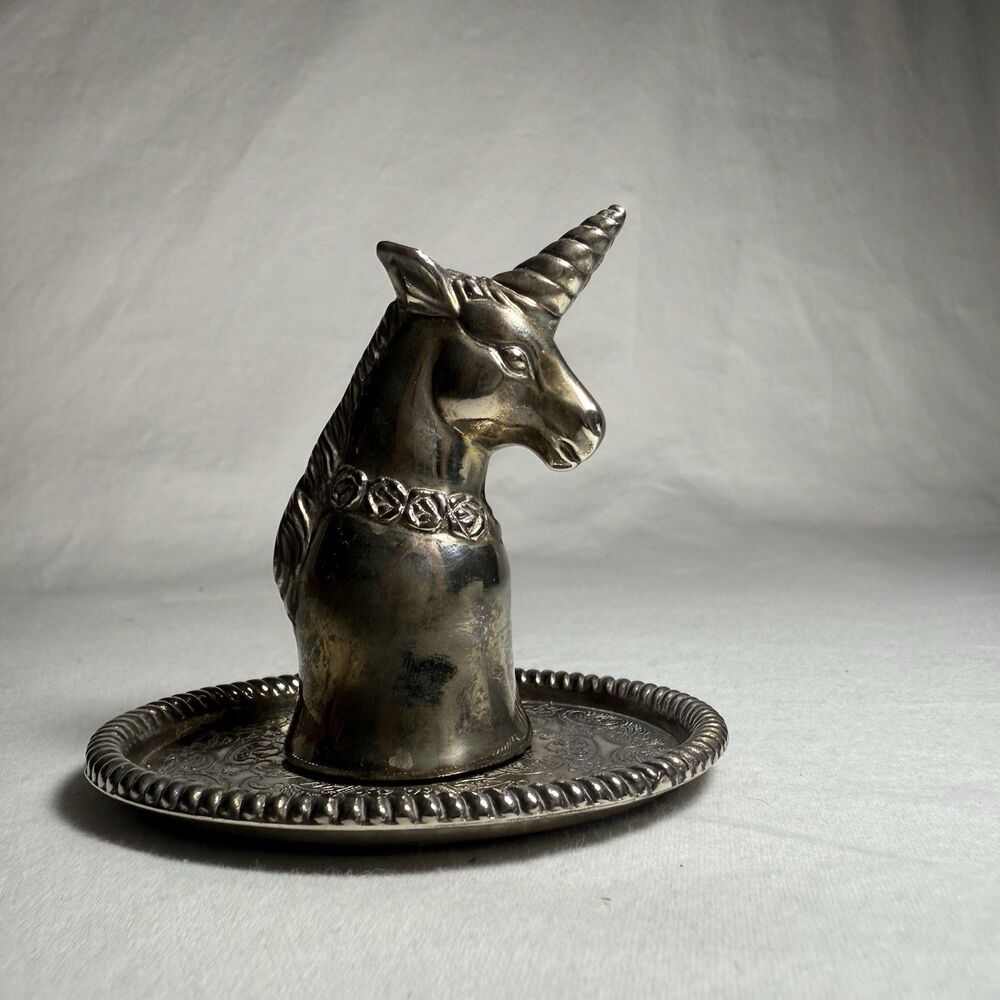 Vintage Silver Plated Metal Unicorn Ring Jewelry Earring Holder Trinket Dish